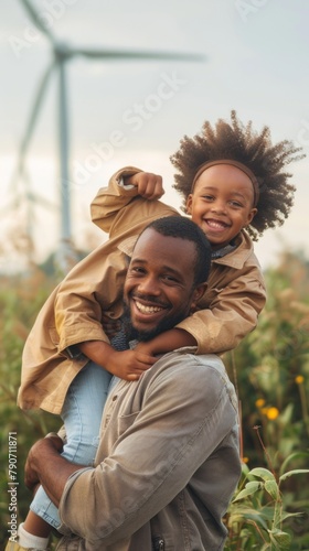 A man and a child are smiling and posing for a picture in a field