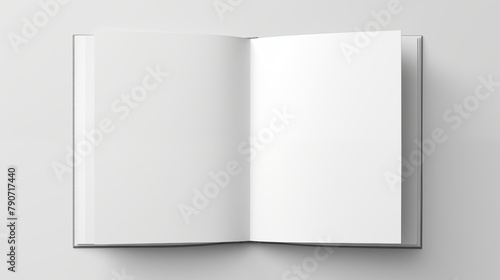 An open hardcover book with blank white pages on a simple background