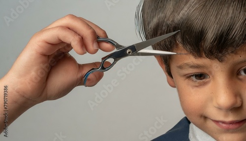 mano con tijeras cortando el flequillo a un chico