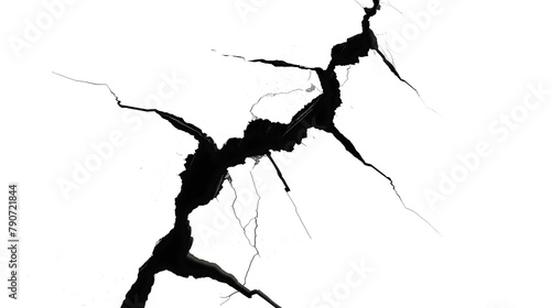 Black split broken crack cleft rift in the ground floor isolated on transparent background. Destruction effect line, rock or wall tear
