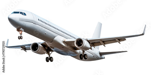 Taking off airplane isolated on a white or transparent background. Close-up of a white airplane, side view. Concept of vacation, traveling abroad. Graphic design element.