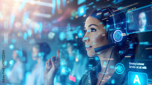 Elevating customer service with blue technology hologram of Digital on screen network, Staff women with headsets and AI interfaces. Call center with Technology Internet and network concept