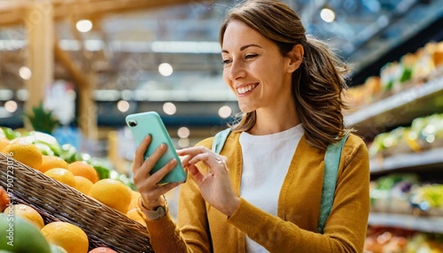 junger Frau im Supermarkt mit smartphone in der hand. 