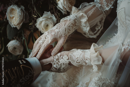 Bride's hand with delicate lace gloves touching groom's hand