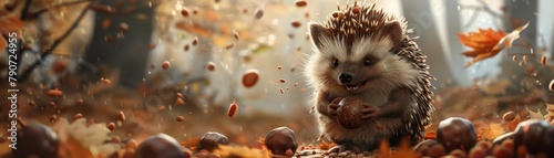 A small hedgehog is standing in a pile of leaves and acorns
