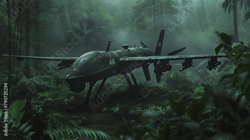 Amidst dense forest terrain, a specialized military drone equipped with the "AI" branding conducts reconnaissance, illustrating the role of intelligent autonomous systems in strate