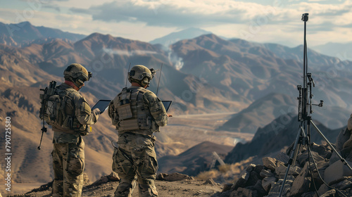 Against a backdrop of rugged terrain, soldiers use a tablet to coordinate operations while standing next to a Starlink antenna, illustrating the versatility of satellite-based comm