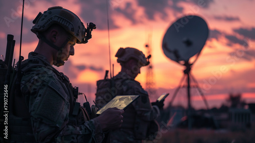 Within a forward operating base, troops utilize a tablet to access satellite imagery and intelligence data near a Starlink antenna, highlighting the importance of instant informati