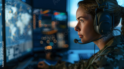In a fortified operations center, a capable female officer multitasks at a control panel, wearing headphones to communicate with deployed units and analyzing mission-critical data