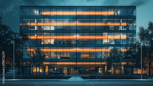 A modern office building with a glass facade illuminated from within at night