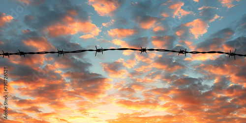 Barbed wire fence at twilight symbolizing failed world war boundaries human rights violations with fearsome background