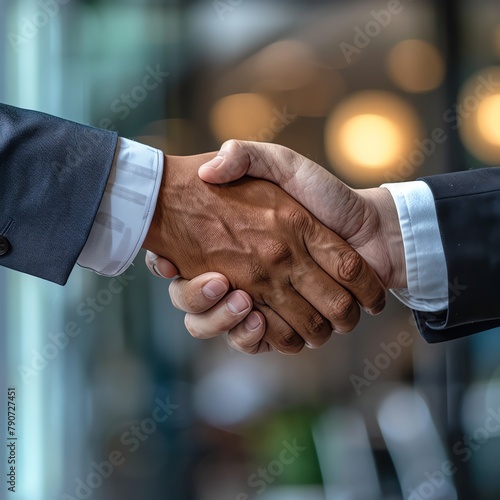 Close-up of a business handshake in an office setting, symbolizing a successful deal, focus on hands and formal attire.