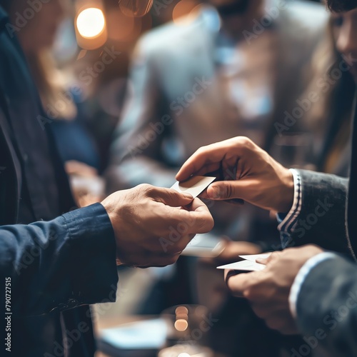 Business partners exchanging business cards at a networking event, focus on hands and cards, professional and courteous interaction.