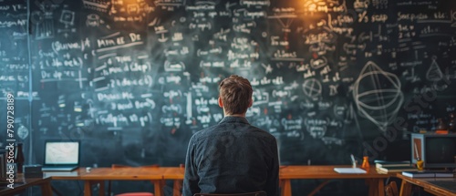 A man is sitting in front of a chalkboard with equations on it