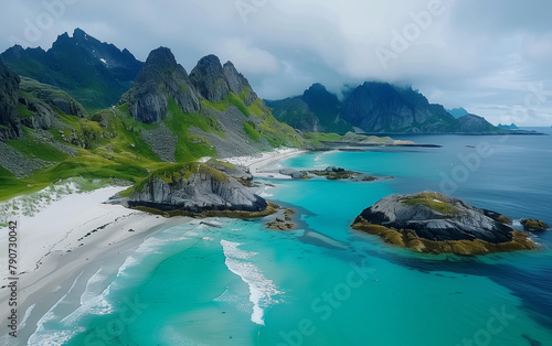 **a drone photo of the beautiful beach and mountains in Lofoten, Norway with turquoise water, posted on snapchat by justin bmpeg, photorealistict