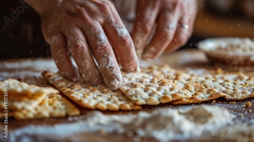 Close-up of hands making traditional handmade matzah bread in a jewish kitchen for the passover festival