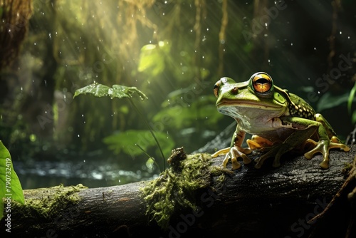 A frog hunting for insects in a dense forest.