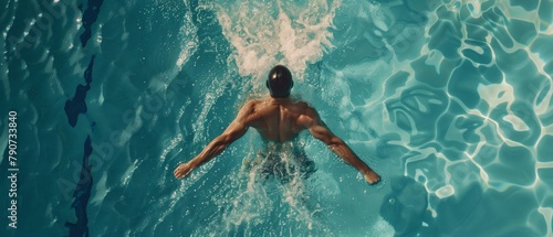 The Aerial Top View shows a male swimmer swimming in a swimming pool while practicing front crawling and freestyle techniques for the championship.
