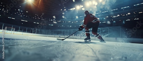 Stunning Wide Shot of Ice Hockey Rink Arena with Player Shooting Puck with Hockey Stick. Dramatic Wide Shot with Dramatic Lighting.