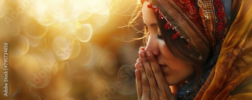 A woman in a vibrant traditional Indian costume prays with a contemplative expression, showing spirituality.