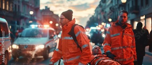 A team of paramedics provide immediate medical care to an injured patient and transport him to an ambulance on a stretcher. Emergency Care Assistants also arrive at the traffic accident scene. Blurry