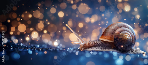 Solitary snail is captured against a magical backdrop of shimmering bokeh lights, adding a fantasy-like quality.