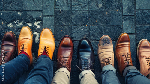 A group of mens feet, clad in business shoes, stand in a circle, creating a symmetrical and unified pattern on the ground