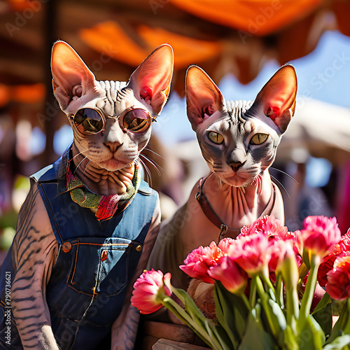 농부 시장에서 쇼핑하고 있는 스핑크스 집 고양이 두 마리 