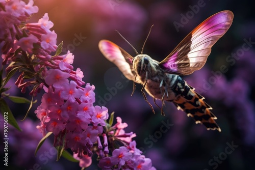 A hawk moth hovering to feed on nectar from flowers.
