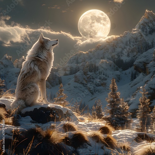 Lone Wolf Gazing at the Radiant Full Moon over Snow Capped Mountain Peak in Dramatic Winter Landscape