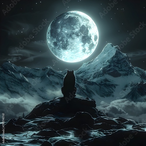 Lone Wolf Gazing at the Majestic Full Moon Over Snow Capped Mountain Peaks in a Dramatic Landscape