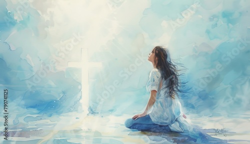 Watercolor painting of beautiful woman kneeling in front of white cross, long hair flowing behind her and light shining down on her from the top left corner, ethereal background with soft blue sky