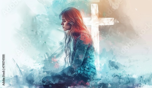 watercolor, beautiful woman kneeling in front of white cross with long hair, glowing light around her head, dreamy, soft pastel colors, solid background, clipart design for tshirt and printing