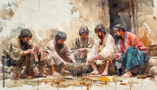 Watercolor art depicting Jesus humbly washing the feet of his disciples, symbolizing love and service through reflection, on a white background, in the style of water color. 