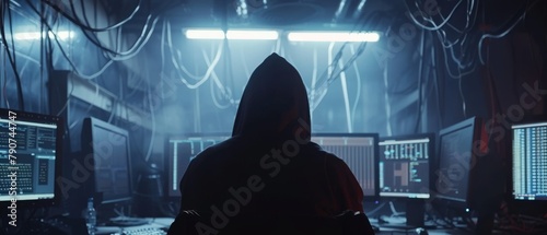 In this terrifying movie a dangerous hooded hacker breaks into government data servers, infects them with a virus, and hides in a dark environment with multiple displays and cables all over.