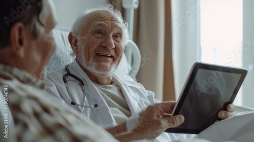 Confident specialist holding digital tablet and talking to old patient. Happy professional friendly doctor meeting elderly patient on a hospital bed and explaining health results