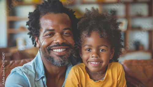 a man and a little girl are posing for a picture while sitting on a couch