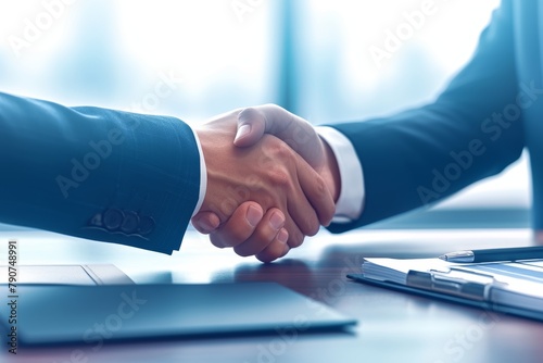 In an office meeting, two businesswomen shake hands over a desk. Teammates completing a promotion, agreement, and merger. Greeting coworkers at job interview collaboration and negotiation