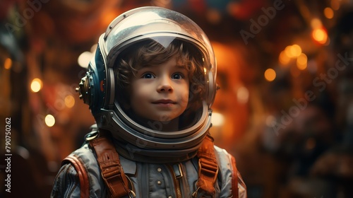 A creative scene of a little boy in a makeshift astronaut suit, holding a large, colorful planet over his head, pretending to orbit the earth,