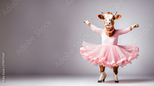 Cow in Ballet Tutu: Whimsical Dancer Delights in Pink Dress, Bringing Elegance to Pure White Scene