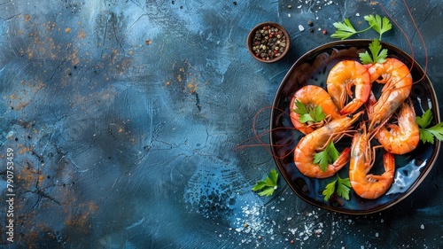 Cooked shrimps on dark plate with herbs and spices