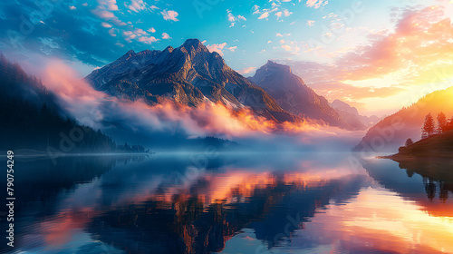 A beautiful landscape image of a lake and mountains in the distance with a pink and blue sky and clouds.