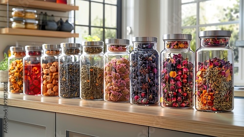 An arrangement of assorted herbal tea selections in transparent jars on a countertop, embodying the theme of natural wellness and alternative health remedies