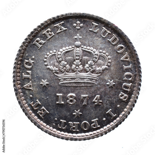 Portuguese silver coin of 50 Reis from the reign of Luiz I. Crown with the year 1874 below