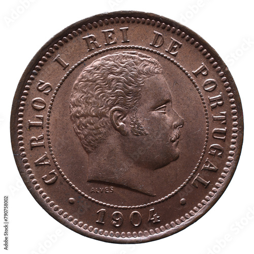 Bronze Portuguese coin with the portrait of King Carlos I and the year 1904