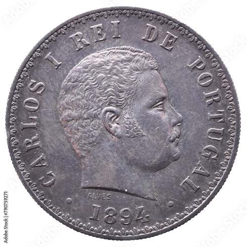 Silver Portuguese coin with the portrait of King Carlos I and the year 1894