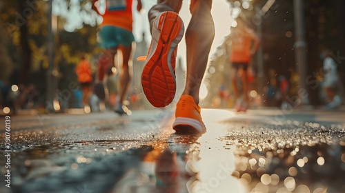 Close-up of the legs of a marathon runner in red sneakers against the backdrop of a city street in rainy weather