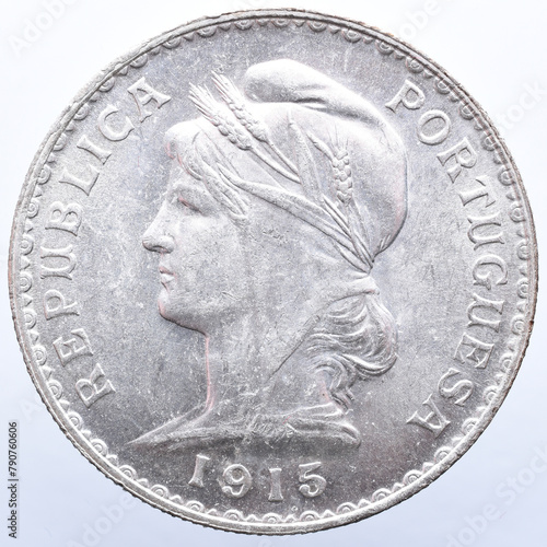 Obverse of Portuguese coin in Silver with the figure of the republic and the year 1915