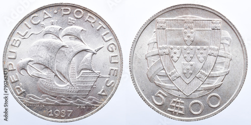 Portuguese silver coin of 5 escudos from 1937