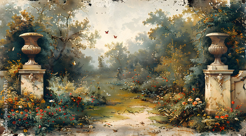 Faded Grandeur: Evocative Watercolor Painting of a Neglected French Revolution Garden